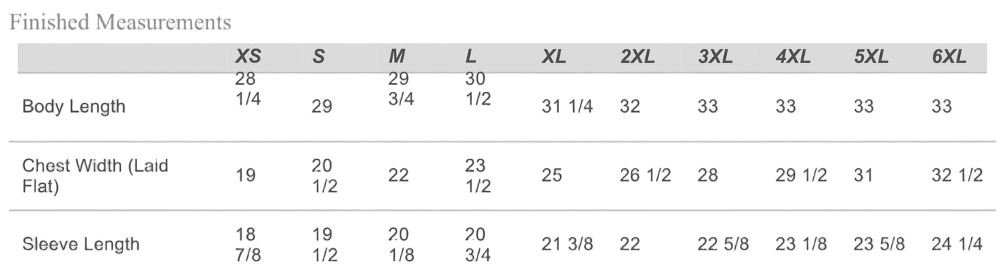 Measurement chart for clothing sizes XS to 6XL with body length, chest width, and sleeve length dimensions.